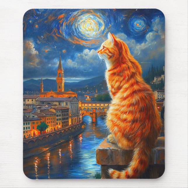 Starry Night Over Florence | Ginger Cat Art Mousepad (Vorne)