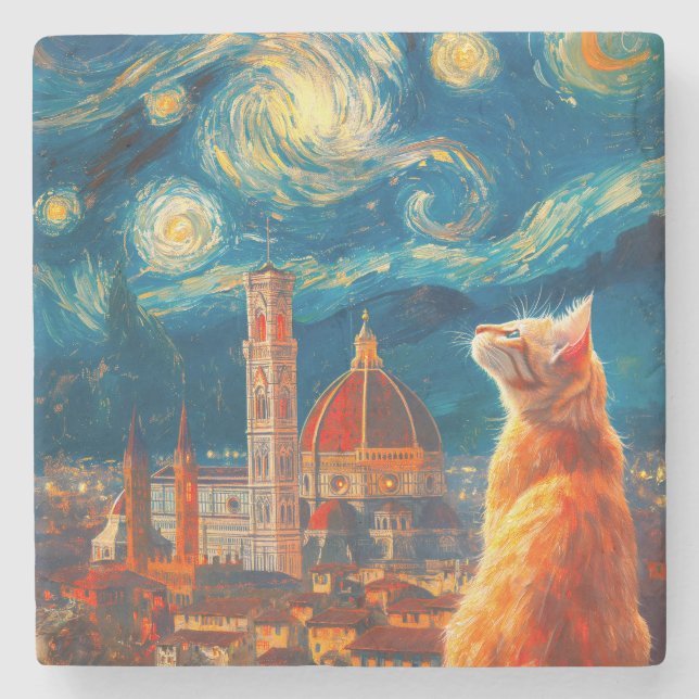 Starry Night Over Florence | Ginger Cat Art Steinuntersetzer (Vorderseite)
