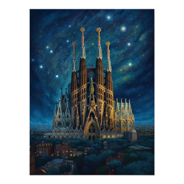 Starry Night Over Sagrada Familia Barcelona Poster