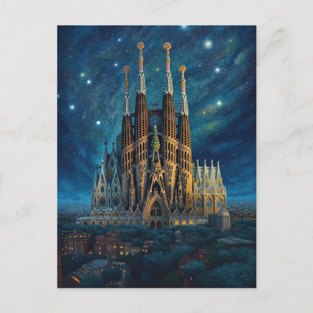 Starry Night Over Sagrada Familia Barcelona Postkarte (Vorderseite)