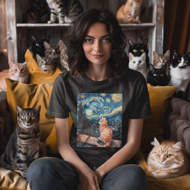 Starry Night Purfection T-Shirt (Classic art with a modern twist. Picture a sleek cat lounging on a rooftop, surrounded by stars.)