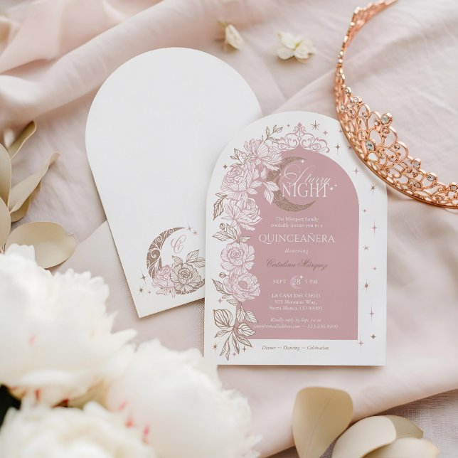 Starry Night Quinceanera Floral Celestial Moon Einladung (Starry Night Quinceanera Floral Celestial Moon Invitation)