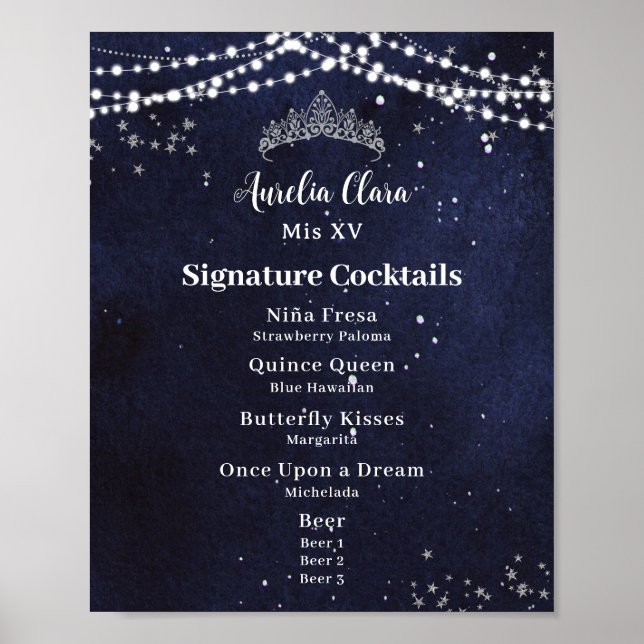 Starry Night Quinceanera Sweet 16 Bar Drink Menu Poster (Vorne)