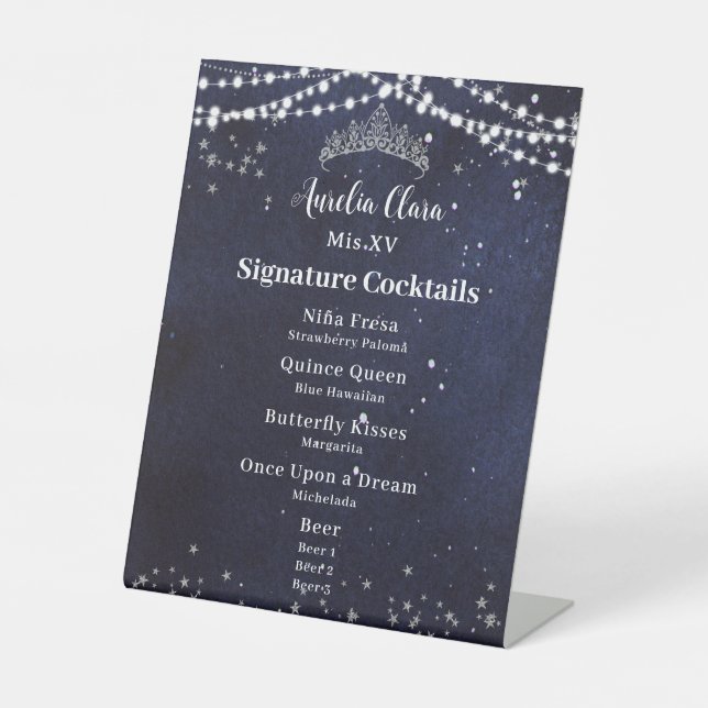 Starry Night Quinceanera Sweet 16 Bar Drink Menu Sockelschild (Vorderseite)