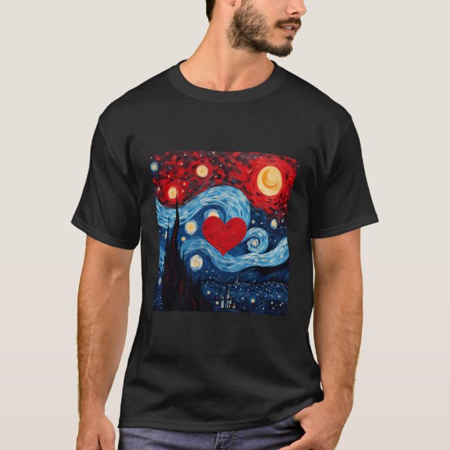 Starry Night Red Liebe Herzdesign T-Shirt (Vorderseite)