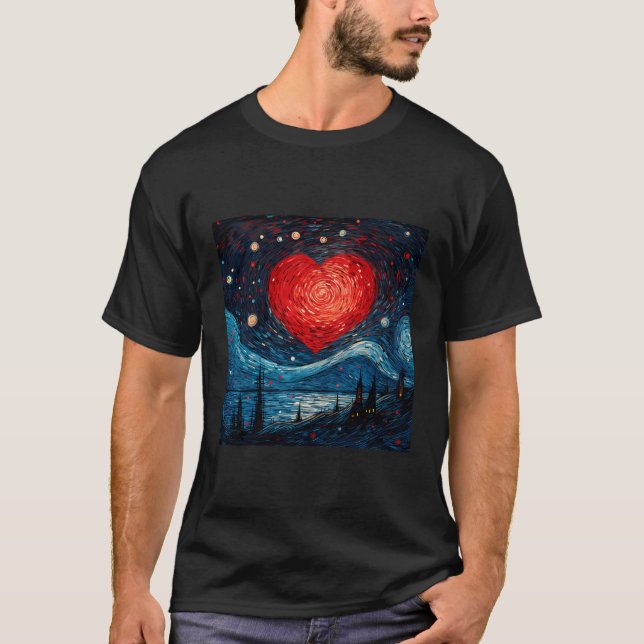 Starry Night Red Liebe Herzdesign T-Shirt (Vorderseite)