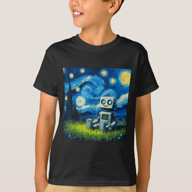 Starry Night Robot Funny Painting Art Meme Kids Me T-Shirt (Vorderseite)