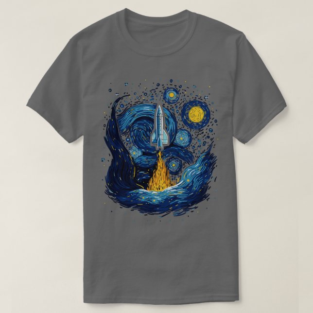 Starry Night Rocket Launch Space gibt Science Gif T-Shirt (Design vorne)