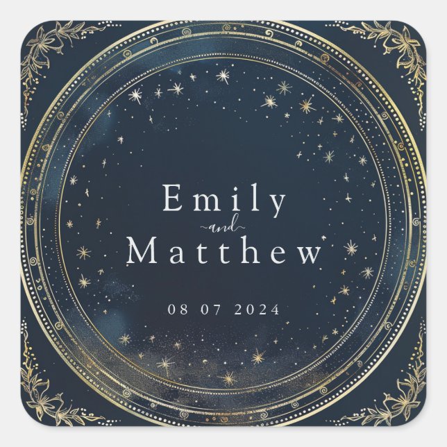 Starry Night Romance Wedding Quadratischer Aufkleber (Vorderseite)