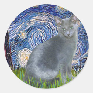 Starry Night - Russian Blue cat 2 Runder Aufkleber