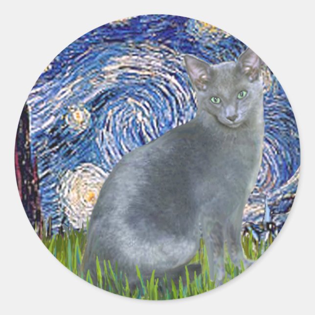 Starry Night - Russian Blue cat 2 Runder Aufkleber (Vorderseite)