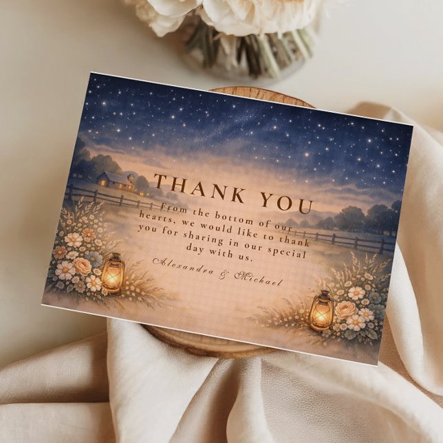 Starry Night Rustic Meadow Wedding Dankeskarte (Von Creator hochgeladen)