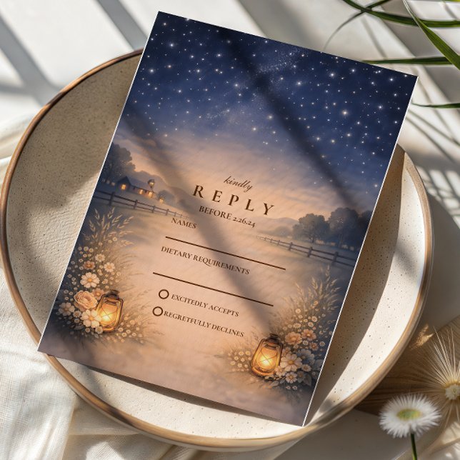 Starry Night Rustic Meadow Wedding RSVP Karte (Von Creator hochgeladen)