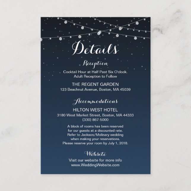 Starry Night Rustic Wedding Details Card Begleitkarte (Vorderseite)