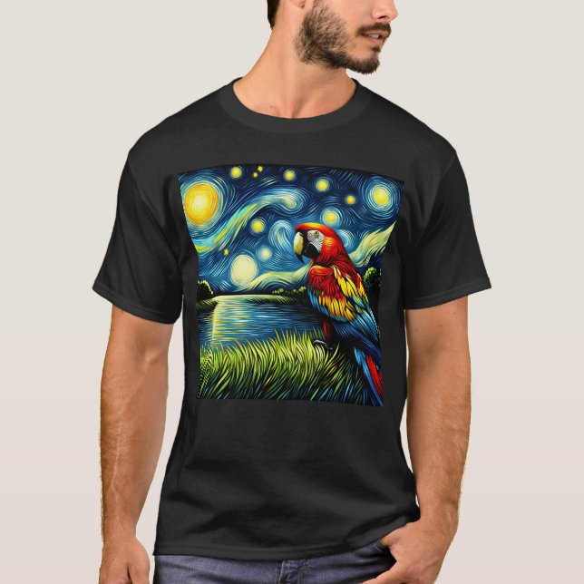 Starry Night Scarlet Macaw Parrot Van Gogh Bird T-Shirt (Vorderseite)