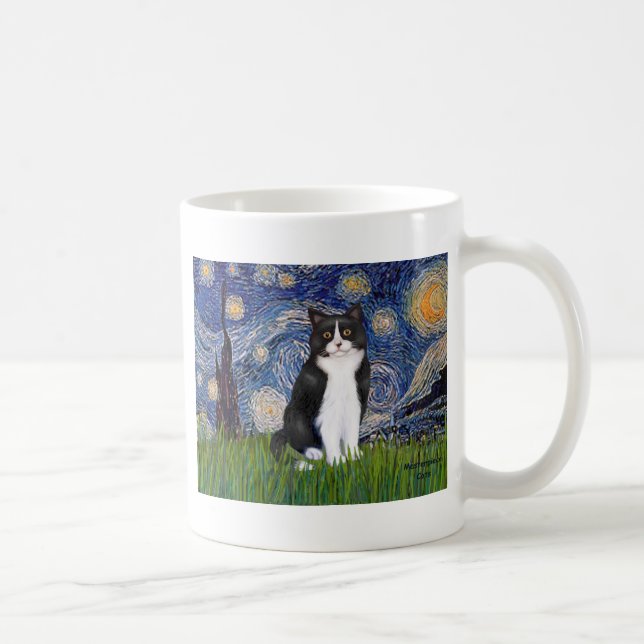 Starry Night - Schwarze und Weiße Katze Kaffeetasse (Rechts)