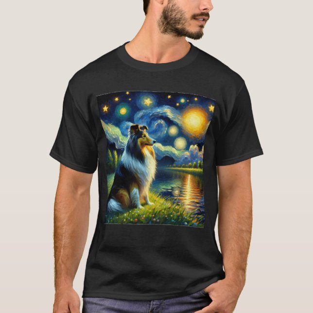 Starry Night Sheltie Dog Van Gogh Lover T-Shirt (Vorderseite)