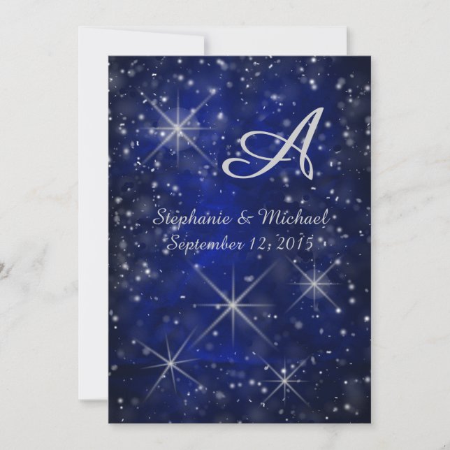 Starry Night Silver Monogram Elegant Blue Einladung (Vorderseite)