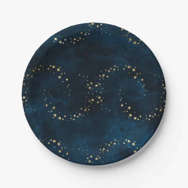 Starry Night Sky Dark Blue Golden Stars Spirale Pappteller (Vorderseite)