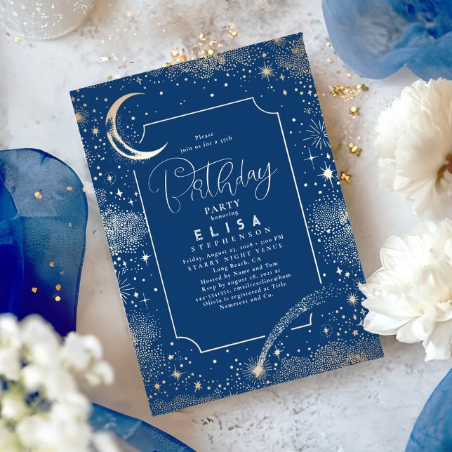 Starry Night Sky Moon Mystical Celestiday Einladung (Celestial Navy Blue and Gold Birthday Invitations)