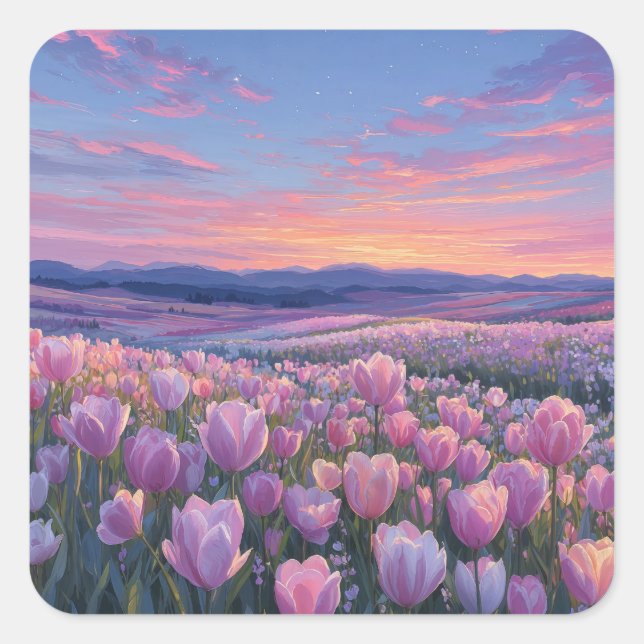 Starry Night Sky Over Pink Tulip Meadow Quadratischer Aufkleber (Vorderseite)