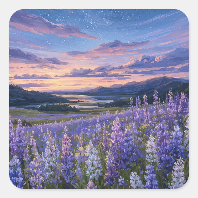 Starry Night Sky Over Purple Lupine Meadow Quadratischer Aufkleber (Vorderseite)