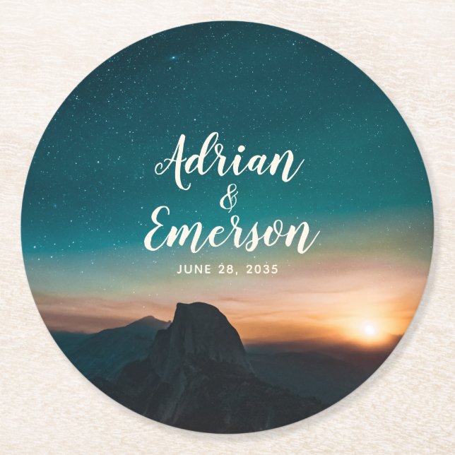 Starry Night Sky Sunset Mountain Wedding Modern Runder Pappuntersetzer (Vorderseite)