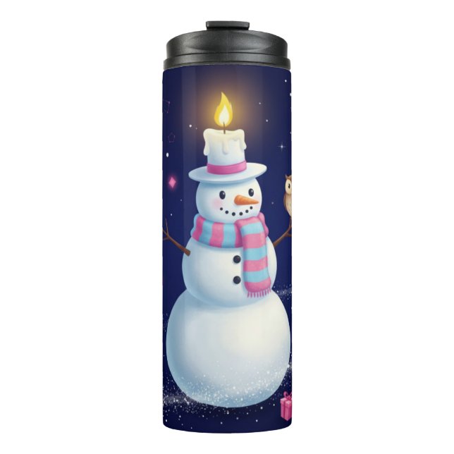Starry Night Snowman with Candle Hat and Owl Thermosbecher (Vorderseite)