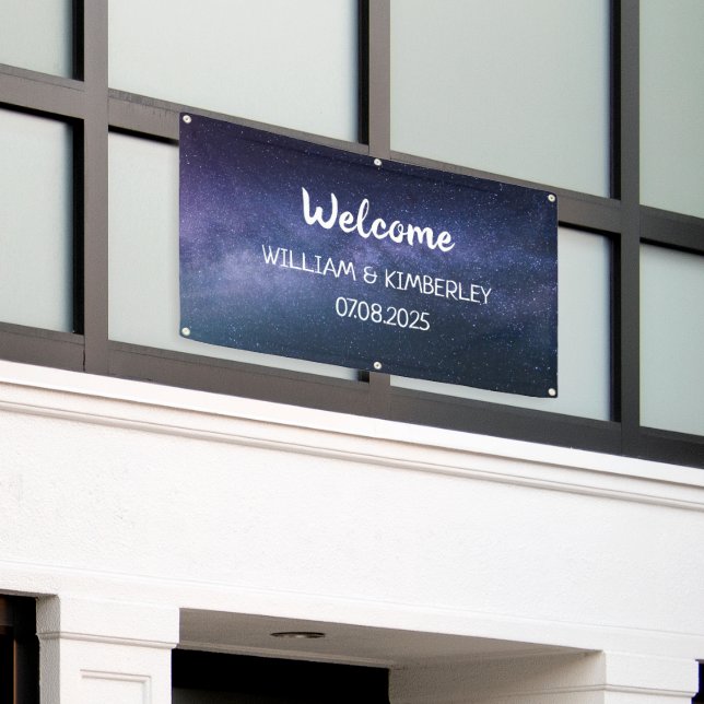 Starry Night Stars Sky Galaxy Wedding Navy Blue Banner (Äußeres Gebäude)