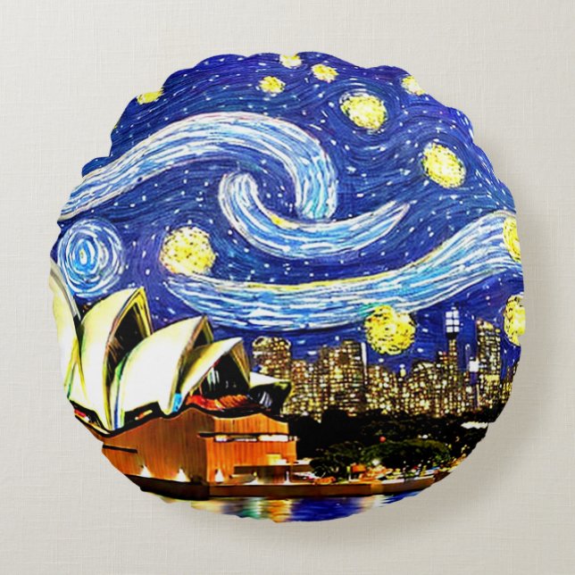 Starry Night Sydney Australia Opernhaus Rundes Kissen (Vorderseite)