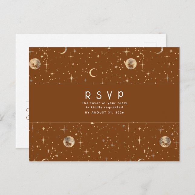 Starry Night Terracotta and Gold Wedding RSVP Postkarte (Vorne/Hinten)