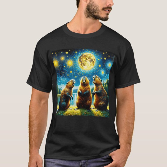 Starry Night Three Beavers Howling at Moon Van T-Shirt (Vorderseite)