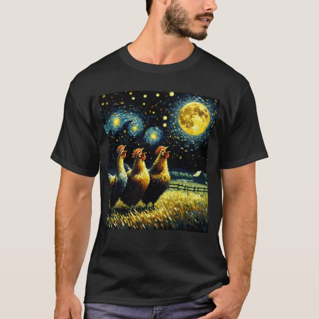 Starry Night Three Chicken Howling on Moon Farm T-Shirt (Vorderseite)