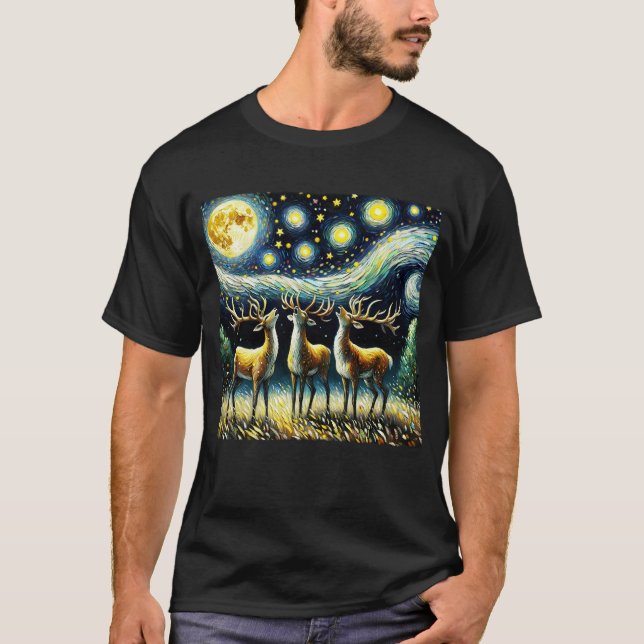 Starry Night Three Deers Howling am Moon Van Gogh T-Shirt (Vorderseite)