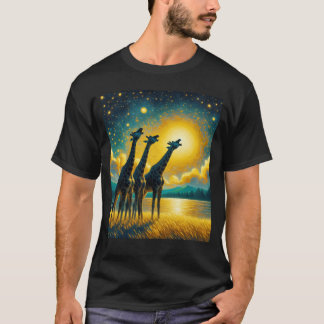Starry Night Three Giraffen Howling am Mond Van T-Shirt