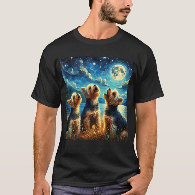 Starry Night Three Yorkshire Terriers Howling T-Shirt (Vorderseite)