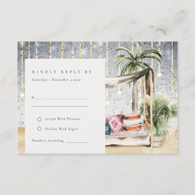 Starry Night Tropical Palm Cabana Wedding RSVP Begleitkarte (Vorderseite)
