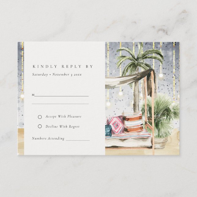 Starry Night Tropical Palm Cabana Wedding RSVP Begleitkarte (Vorderseite)