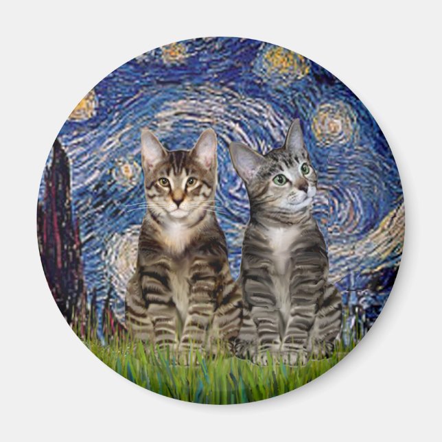 Starry Night - Two Tabby Tiger Cats Magnet (Vorne)