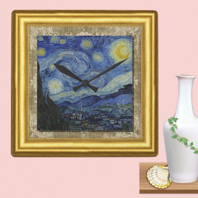 Starry Night, Vincent Van Gogh, Gerahmte Leinwand Quadratische Wanduhr (Von Creator hochgeladen)