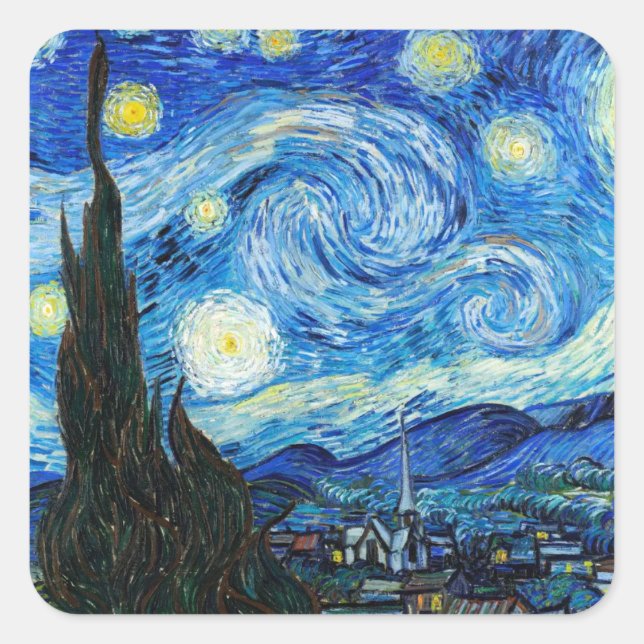 Starry Night Vincent Van Gogh Landschaftskunst Quadratischer Aufkleber (Vorderseite)
