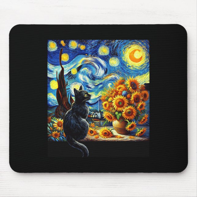 Starry Night Vincent Van Gogh Sunflowers Cat Lover Mousepad (Vorne)
