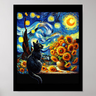 Starry Night Vincent Van Gogh Sunflowers Cat Lover Poster