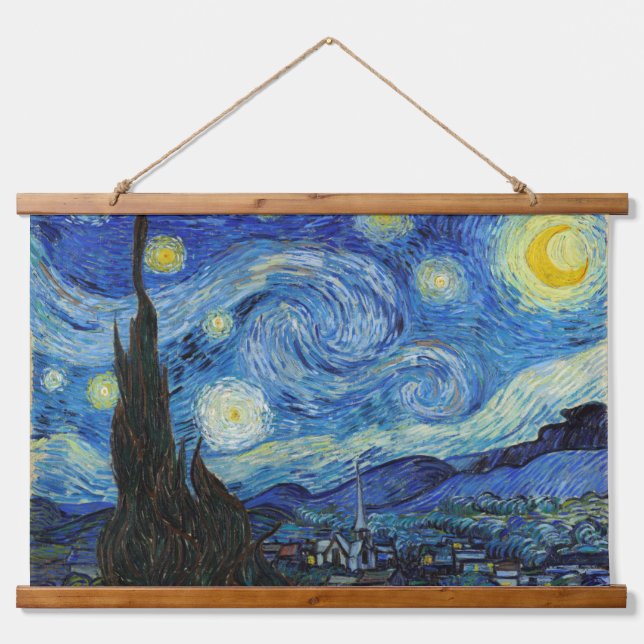 Starry Night, Vincent van Gogh Wandteppich Mit Holzrahmen (Vorne)