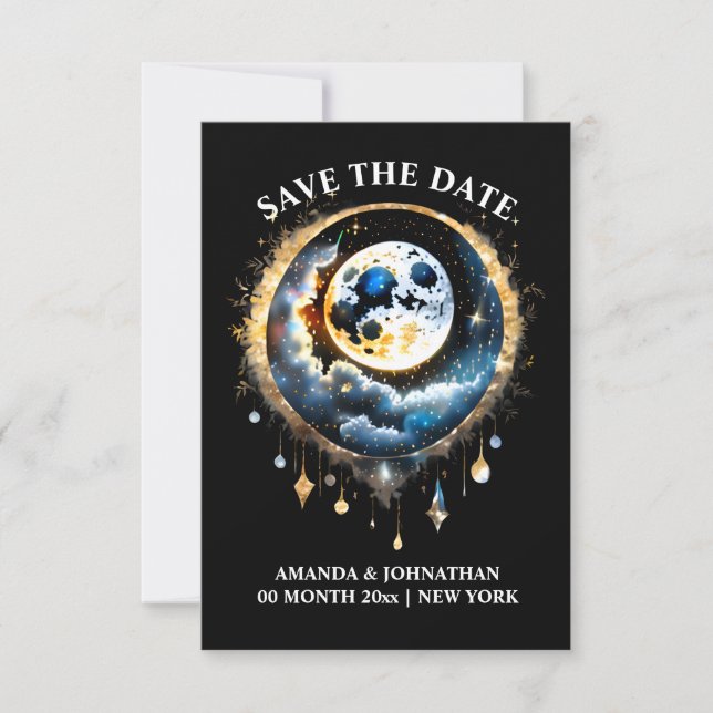 Starry night Vollmond Himmelsblau Gold Save The Date (Vorderseite)