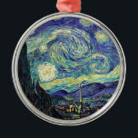 Starry Night von van Gogh Silbernes Ornament<br><div class="desc">Van Gogh war besessen von der Symbolik der leuchtenden Objekte und der Farbe. Die Lampe war ein Symbol für Ruhe und Sicherheit. Der Stern symbolisierte den Glauben,  und Gaslicht,  menschliche Realitäten. Tief ultramarineblau war unendlich,  während Rot und Grün "diese schrecklichen Dinge,  die Leidenschaften der Männer ausgedrückt.</div>