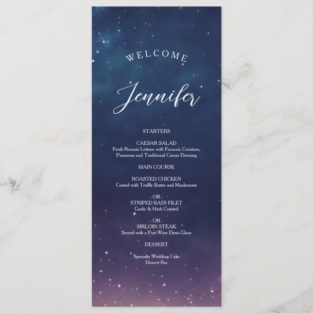 Starry Night Wedding Menu mit Gast Name Menükarte (Vorderseite)