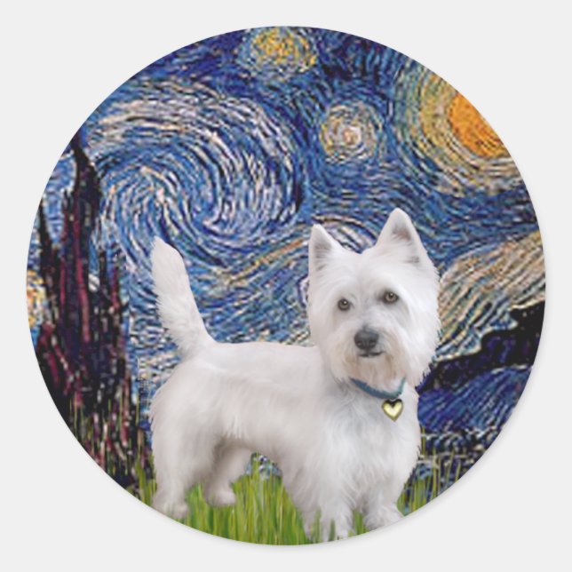 Starry Night - Westie 10 (L) Runder Aufkleber (Vorderseite)