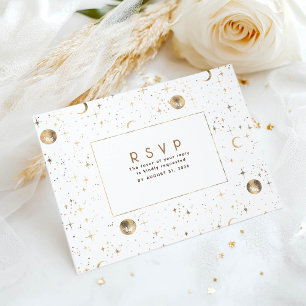 Starry Night White and Gold Wedding RSVP Postkarte