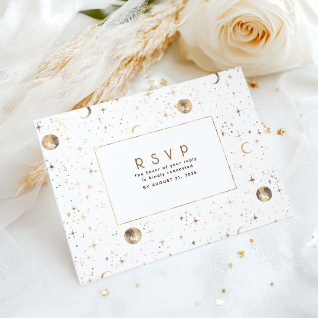 Starry Night White and Gold Wedding RSVP Postkarte (Celestial Wedding Rsvp Card)